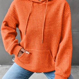 Waffle Grid Kangaroo Pocket Hoodie, Casual Long Sleeve Drawstring Hoodies Sweatshirt, Women's Clothing Waffle Grid Kangaroo Pocket Hoodie, Casual Long Sleeve Drawstring Hoodies Sweatshirt, Women's Clothing