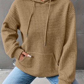 Waffle Grid Kangaroo Pocket Hoodie, Casual Long Sleeve Drawstring Hoodies Sweatshirt, Women's Clothing Waffle Grid Kangaroo Pocket Hoodie, Casual Long Sleeve Drawstring Hoodies Sweatshirt, Women's Clothing