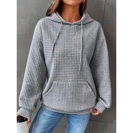 Waffle Grid Kangaroo Pocket Hoodie, Casual Long Sleeve Drawstring Hoodies Sweatshirt, Women's Clothing Waffle Grid Kangaroo Pocket Hoodie, Casual Long Sleeve Drawstring Hoodies Sweatshirt, Women's Clothing