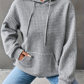 Waffle Grid Kangaroo Pocket Hoodie, Casual Long Sleeve Drawstring Hoodies Sweatshirt, Women's Clothing Waffle Grid Kangaroo Pocket Hoodie, Casual Long Sleeve Drawstring Hoodies Sweatshirt, Women's Clothing