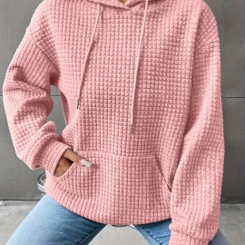 Waffle Grid Kangaroo Pocket Hoodie, Casual Long Sleeve Drawstring Hoodies Sweatshirt, Women's Clothing Waffle Grid Kangaroo Pocket Hoodie, Casual Long Sleeve Drawstring Hoodies Sweatshirt, Women's Clothing