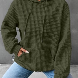Waffle Grid Kangaroo Pocket Hoodie, Casual Long Sleeve Drawstring Hoodies Sweatshirt, Women's Clothing Waffle Grid Kangaroo Pocket Hoodie, Casual Long Sleeve Drawstring Hoodies Sweatshirt, Women's Clothing
