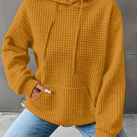 Waffle Grid Kangaroo Pocket Hoodie, Casual Long Sleeve Drawstring Hoodies Sweatshirt, Women's Clothing Waffle Grid Kangaroo Pocket Hoodie, Casual Long Sleeve Drawstring Hoodies Sweatshirt, Women's Clothing