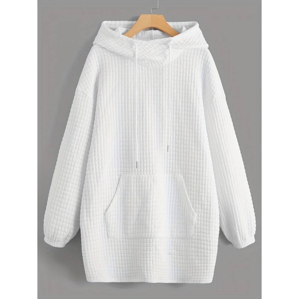 Waffle Grid Kangaroo Pocket Hoodie, Casual Long Sleeve Drawstring Hoodie Sweatshirt, Women's Clothing Waffle Grid Kangaroo Pocket Hoodie, Casual Long Sleeve Drawstring Hoodie Sweatshirt, Women's Clothing