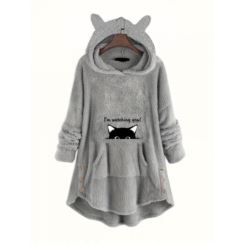 Cute Cat & Warming Letter Print Hoodie, Cute Ear Decor Kangaroo Pocket Plush Asymmetrical Sweatshirt, Women's Clothing Cute Cat & Warming Letter Print Hoodie, Cute Ear Decor Kangaroo Pocket Plush Asymmetrical Sweatshirt, Women's Clothing