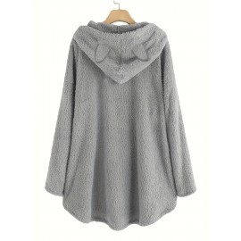 Cute Cat & Warming Letter Print Hoodie, Cute Ear Decor Kangaroo Pocket Plush Asymmetrical Sweatshirt, Women's Clothing Cute Cat & Warming Letter Print Hoodie, Cute Ear Decor Kangaroo Pocket Plush Asymmetrical Sweatshirt, Women's Clothing