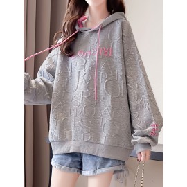 Letter Print Embroidered Drawstring Thermal Hoodie, Casual Printed Long Sleeve Hoodies Sweatshirts, Women's Clothing Letter Print Embroidered Drawstring Thermal Hoodie, Casual Printed Long Sleeve Hoodies Sweatshirts, Women's Clothing