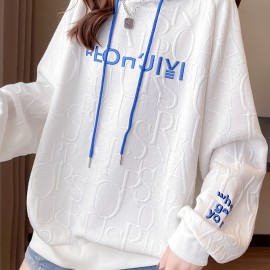 Letter Print Embroidered Drawstring Thermal Hoodie, Casual Printed Long Sleeve Hoodies Sweatshirts, Women's Clothing Letter Print Embroidered Drawstring Thermal Hoodie, Casual Printed Long Sleeve Hoodies Sweatshirts, Women's Clothing
