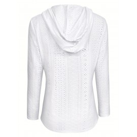 Solid Color Button Eyelet Hoodie, Casual Long Sleeve Drawstring Hoodie Sweatshirt, Women's Clothing Solid Color Button Eyelet Hoodie, Casual Long Sleeve Drawstring Hoodie Sweatshirt, Women's Clothing