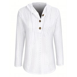 Solid Color Button Eyelet Hoodie, Casual Long Sleeve Drawstring Hoodie Sweatshirt, Women's Clothing Solid Color Button Eyelet Hoodie, Casual Long Sleeve Drawstring Hoodie Sweatshirt, Women's Clothing