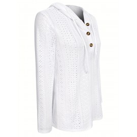Solid Color Button Eyelet Hoodie, Casual Long Sleeve Drawstring Hoodie Sweatshirt, Women's Clothing Solid Color Button Eyelet Hoodie, Casual Long Sleeve Drawstring Hoodie Sweatshirt, Women's Clothing