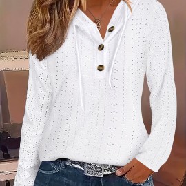 Solid Color Button Eyelet Hoodie, Casual Long Sleeve Drawstring Hoodie Sweatshirt, Women's Clothing Solid Color Button Eyelet Hoodie, Casual Long Sleeve Drawstring Hoodie Sweatshirt, Women's Clothing