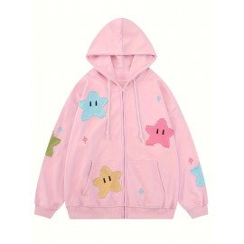 Star Pattern Zip Up Drawstring Hoodie, Cute Long Sleeve Drop Shoulder Hoodie, Women's Clothing Star Pattern Zip Up Drawstring Hoodie, Cute Long Sleeve Drop Shoulder Hoodie, Women's Clothing