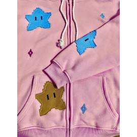 Star Pattern Zip Up Drawstring Hoodie, Cute Long Sleeve Drop Shoulder Hoodie, Women's Clothing Star Pattern Zip Up Drawstring Hoodie, Cute Long Sleeve Drop Shoulder Hoodie, Women's Clothing