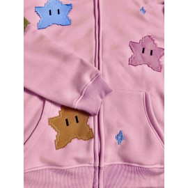 Star Pattern Zip Up Drawstring Hoodie, Cute Long Sleeve Drop Shoulder Hoodie, Women's Clothing Star Pattern Zip Up Drawstring Hoodie, Cute Long Sleeve Drop Shoulder Hoodie, Women's Clothing