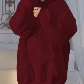 Solid Textured Kangaroo Pocket Hoodie, Casual Long Sleeve Drawstring Hoodies Sweatshirt, Women's Clothing Solid Textured Kangaroo Pocket Hoodie, Casual Long Sleeve Drawstring Hoodies Sweatshirt, Women's Clothing