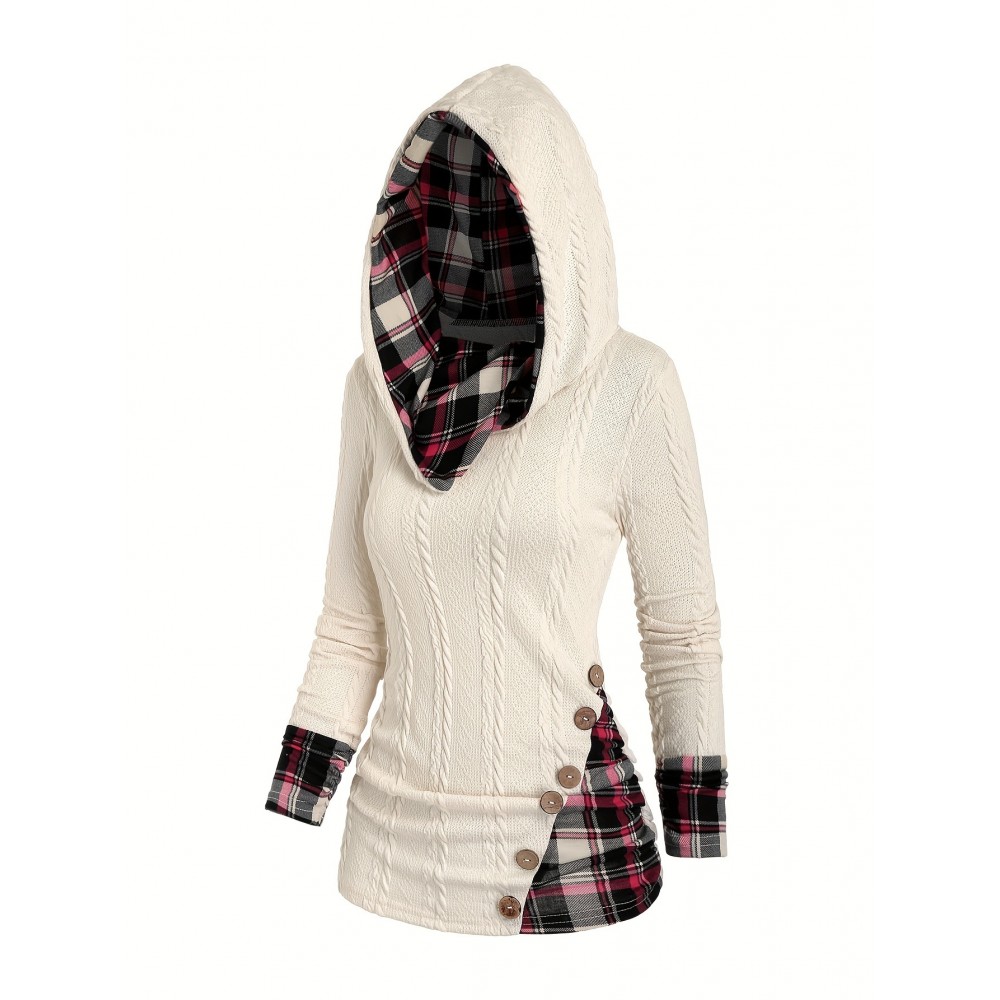 Plaid Splicing Button Decor Cable Hoodie, Casual Long Sleeve Hoodie, Women's Clothing Plaid Splicing Button Decor Cable Hoodie, Casual Long Sleeve Hoodie, Women's Clothing