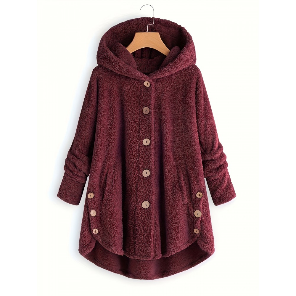 Button Front Teddy Bear Hoodie, Casual Long Sleeve Slant Pockets Plush Coat, Women's Clothing Button Front Teddy Bear Hoodie, Casual Long Sleeve Slant Pockets Plush Coat, Women's Clothing