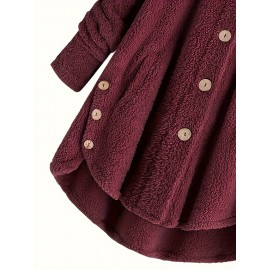 Button Front Teddy Bear Hoodie, Casual Long Sleeve Slant Pockets Plush Coat, Women's Clothing Button Front Teddy Bear Hoodie, Casual Long Sleeve Slant Pockets Plush Coat, Women's Clothing