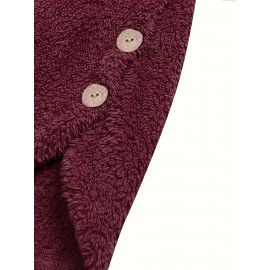 Button Front Teddy Bear Hoodie, Casual Long Sleeve Slant Pockets Plush Coat, Women's Clothing Button Front Teddy Bear Hoodie, Casual Long Sleeve Slant Pockets Plush Coat, Women's Clothing