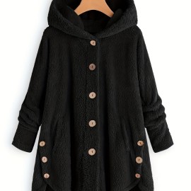 Button Front Teddy Bear Hoodie, Casual Long Sleeve Slant Pockets Plush Coat, Women's Clothing Button Front Teddy Bear Hoodie, Casual Long Sleeve Slant Pockets Plush Coat, Women's Clothing