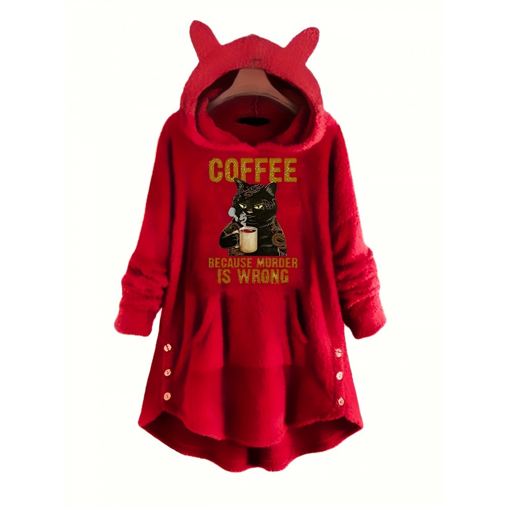 Cat & Letter Print Teddy Hoodie, Casual Long Sleeve Kangaroo Pocket Hoodie Sweatshirt, Women's Clothing Cat & Letter Print Teddy Hoodie, Casual Long Sleeve Kangaroo Pocket Hoodie Sweatshirt, Women's Clothing