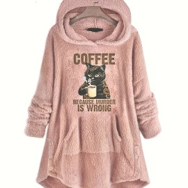 Cat & Letter Print Teddy Hoodie, Casual Long Sleeve Kangaroo Pocket Hoodie Sweatshirt, Women's Clothing Cat & Letter Print Teddy Hoodie, Casual Long Sleeve Kangaroo Pocket Hoodie Sweatshirt, Women's Clothing