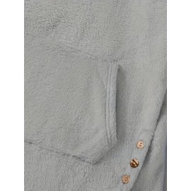 Cat & Letter Print Button Decor Teddy Hoodie, Casual Long Sleeve Kangaroo Pocket Hoodie Sweatshirt, Women's Clothing Cat & Letter Print Button Decor Teddy Hoodie, Casual Long Sleeve Kangaroo Pocket Hoodie Sweatshirt, Women's Clothing