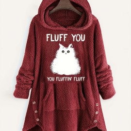 Cat & Letter Print Button Decor Teddy Hoodie, Casual Long Sleeve Kangaroo Pocket Hoodie Sweatshirt, Women's Clothing Cat & Letter Print Button Decor Teddy Hoodie, Casual Long Sleeve Kangaroo Pocket Hoodie Sweatshirt, Women's Clothing