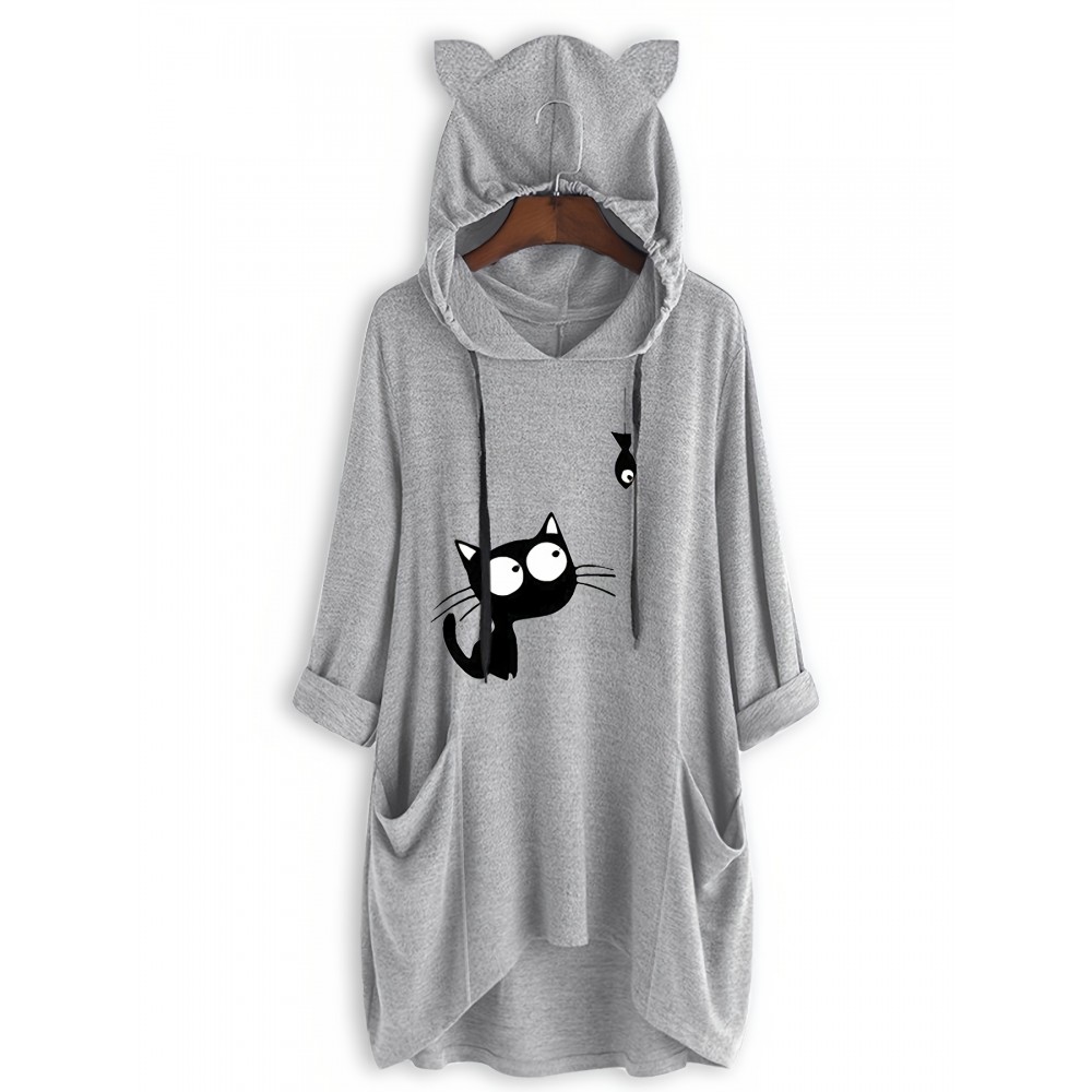 Cat Print Dual Pockets Drawstring Hoodie, Casual Long Sleeve Hoodies Sweatshirt, Women's Clothing Cat Print Dual Pockets Drawstring Hoodie, Casual Long Sleeve Hoodies Sweatshirt, Women's Clothing
