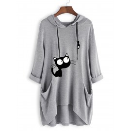 Cat Print Dual Pockets Drawstring Hoodie, Casual Long Sleeve Hoodies Sweatshirt, Women's Clothing Cat Print Dual Pockets Drawstring Hoodie, Casual Long Sleeve Hoodies Sweatshirt, Women's Clothing