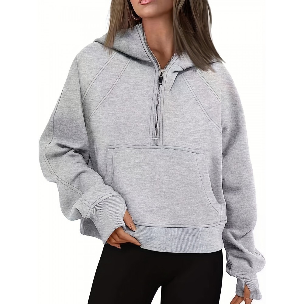 Solid Half Zip Kangaroo Pockets Hoodie, Casual Long Sleeve Hoodie For Spring & Fall, Women's Clothing Solid Half Zip Kangaroo Pockets Hoodie, Casual Long Sleeve Hoodie For Spring & Fall, Women's Clothing