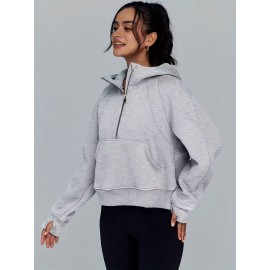 Solid Half Zip Kangaroo Pockets Hoodie, Casual Long Sleeve Hoodie For Spring & Fall, Women's Clothing Solid Half Zip Kangaroo Pockets Hoodie, Casual Long Sleeve Hoodie For Spring & Fall, Women's Clothing