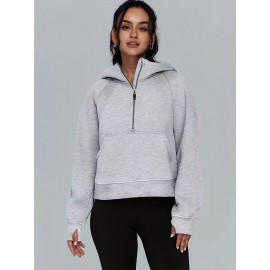 Solid Half Zip Kangaroo Pockets Hoodie, Casual Long Sleeve Hoodie For Spring & Fall, Women's Clothing Solid Half Zip Kangaroo Pockets Hoodie, Casual Long Sleeve Hoodie For Spring & Fall, Women's Clothing