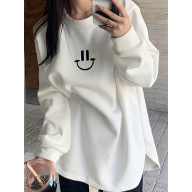 Smile Face Print Pullover Sweatshirt, Casual Long Sleeve Crew Neck Sweatshirt For Fall & Winter, Women's Clothing Smile Face Print Pullover Sweatshirt, Casual Long Sleeve Crew Neck Sweatshirt For Fall & Winter, Women's Clothing