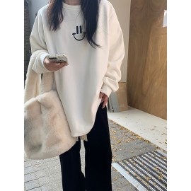 Smile Face Print Pullover Sweatshirt, Casual Long Sleeve Crew Neck Sweatshirt For Fall & Winter, Women's Clothing Smile Face Print Pullover Sweatshirt, Casual Long Sleeve Crew Neck Sweatshirt For Fall & Winter, Women's Clothing