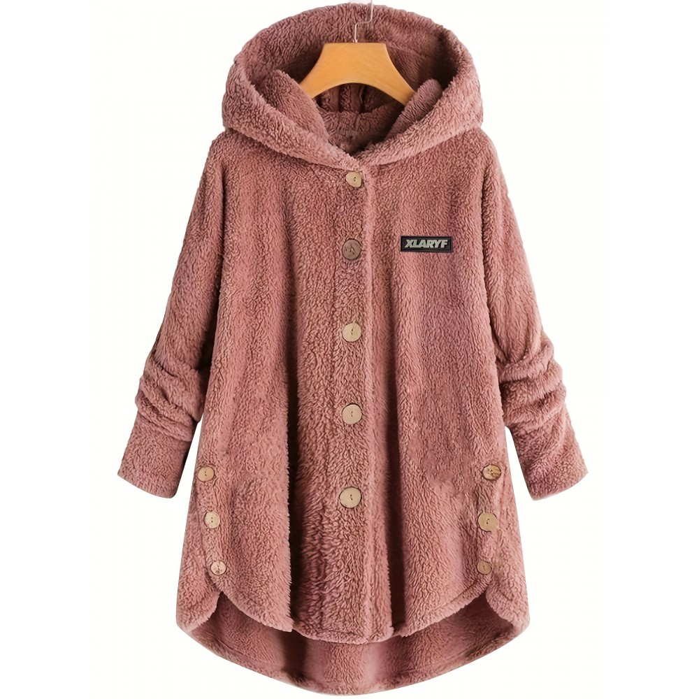 Letter Patch Button Front Plush Hoodie, Casual Long Sleeve Teddy Bear Coat, Women's Clothing Letter Patch Button Front Plush Hoodie, Casual Long Sleeve Teddy Bear Coat, Women's Clothing
