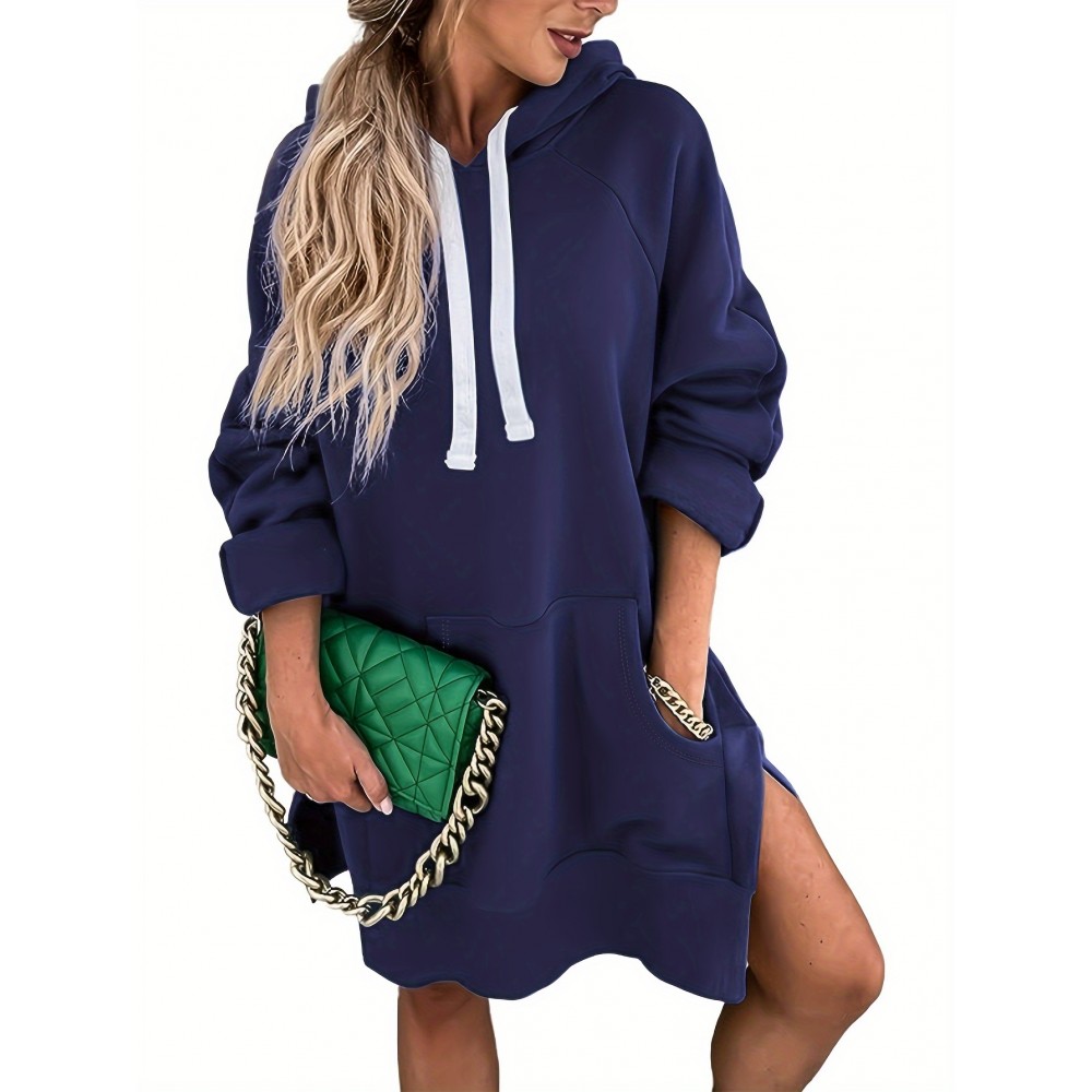 Solid Kangaroo Pocket Long Length Hoodie, Casual Long Sleeve Drawstring Hoodies Sweatshirt, Women's Clothing Solid Kangaroo Pocket Long Length Hoodie, Casual Long Sleeve Drawstring Hoodies Sweatshirt, Women's Clothing