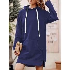 Solid Kangaroo Pocket Long Length Hoodie, Casual Long Sleeve Drawstring Hoodies Sweatshirt, Women's Clothing Solid Kangaroo Pocket Long Length Hoodie, Casual Long Sleeve Drawstring Hoodies Sweatshirt, Women's Clothing