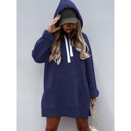 Solid Kangaroo Pocket Long Length Hoodie, Casual Long Sleeve Drawstring Hoodies Sweatshirt, Women's Clothing Solid Kangaroo Pocket Long Length Hoodie, Casual Long Sleeve Drawstring Hoodies Sweatshirt, Women's Clothing