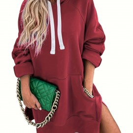 Solid Kangaroo Pocket Long Length Hoodie, Casual Long Sleeve Drawstring Hoodies Sweatshirt, Women's Clothing Solid Kangaroo Pocket Long Length Hoodie, Casual Long Sleeve Drawstring Hoodies Sweatshirt, Women's Clothing