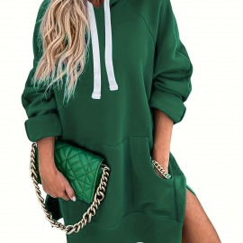 Solid Kangaroo Pocket Long Length Hoodie, Casual Long Sleeve Drawstring Hoodies Sweatshirt, Women's Clothing Solid Kangaroo Pocket Long Length Hoodie, Casual Long Sleeve Drawstring Hoodies Sweatshirt, Women's Clothing