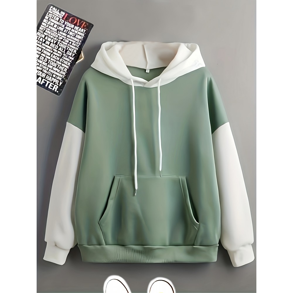 Color Block Simple Hoodies, Casual Drawstring Long Sleeve Kangaroo Pocket Sweatshirt, Women's Clothing Color Block Simple Hoodies, Casual Drawstring Long Sleeve Kangaroo Pocket Sweatshirt, Women's Clothing