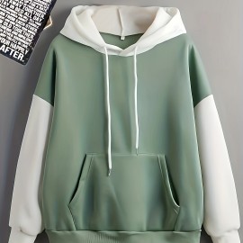 Color Block Simple Hoodies, Casual Drawstring Long Sleeve Kangaroo Pocket Sweatshirt, Women's Clothing Color Block Simple Hoodies, Casual Drawstring Long Sleeve Kangaroo Pocket Sweatshirt, Women's Clothing
