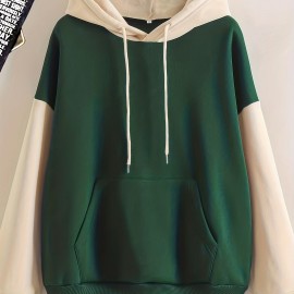 Color Block Simple Hoodies, Casual Drawstring Long Sleeve Kangaroo Pocket Sweatshirt, Women's Clothing Color Block Simple Hoodies, Casual Drawstring Long Sleeve Kangaroo Pocket Sweatshirt, Women's Clothing