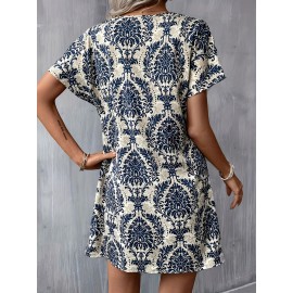 Mandala Print Short Sleeve Dress, Casual Notch Neck Dress For Spring & Summer, Women's Clothing Mandala Print Short Sleeve Dress, Casual Notch Neck Dress For Spring & Summer, Women's Clothing