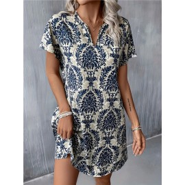 Mandala Print Short Sleeve Dress, Casual Notch Neck Dress For Spring & Summer, Women's Clothing Mandala Print Short Sleeve Dress, Casual Notch Neck Dress For Spring & Summer, Women's Clothing