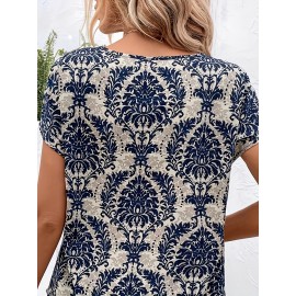 Mandala Print Short Sleeve Dress, Casual Notch Neck Dress For Spring & Summer, Women's Clothing Mandala Print Short Sleeve Dress, Casual Notch Neck Dress For Spring & Summer, Women's Clothing