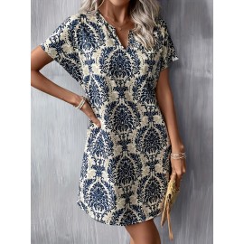 Mandala Print Short Sleeve Dress, Casual Notch Neck Dress For Spring & Summer, Women's Clothing Mandala Print Short Sleeve Dress, Casual Notch Neck Dress For Spring & Summer, Women's Clothing