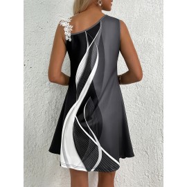 Geo Print Contrast Lace Dress, Casual Sleeveless Versatile Dress, Women's Clothing Geo Print Contrast Lace Dress, Casual Sleeveless Versatile Dress, Women's Clothing